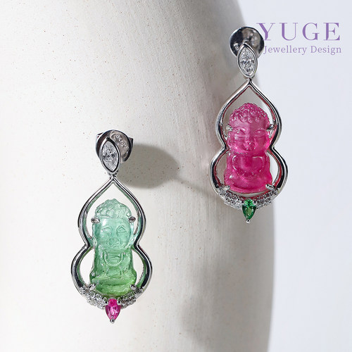 福禄双至 | 卢比来红薄荷绿双色AB款碧玺双生佛耳坠 钻石18k金