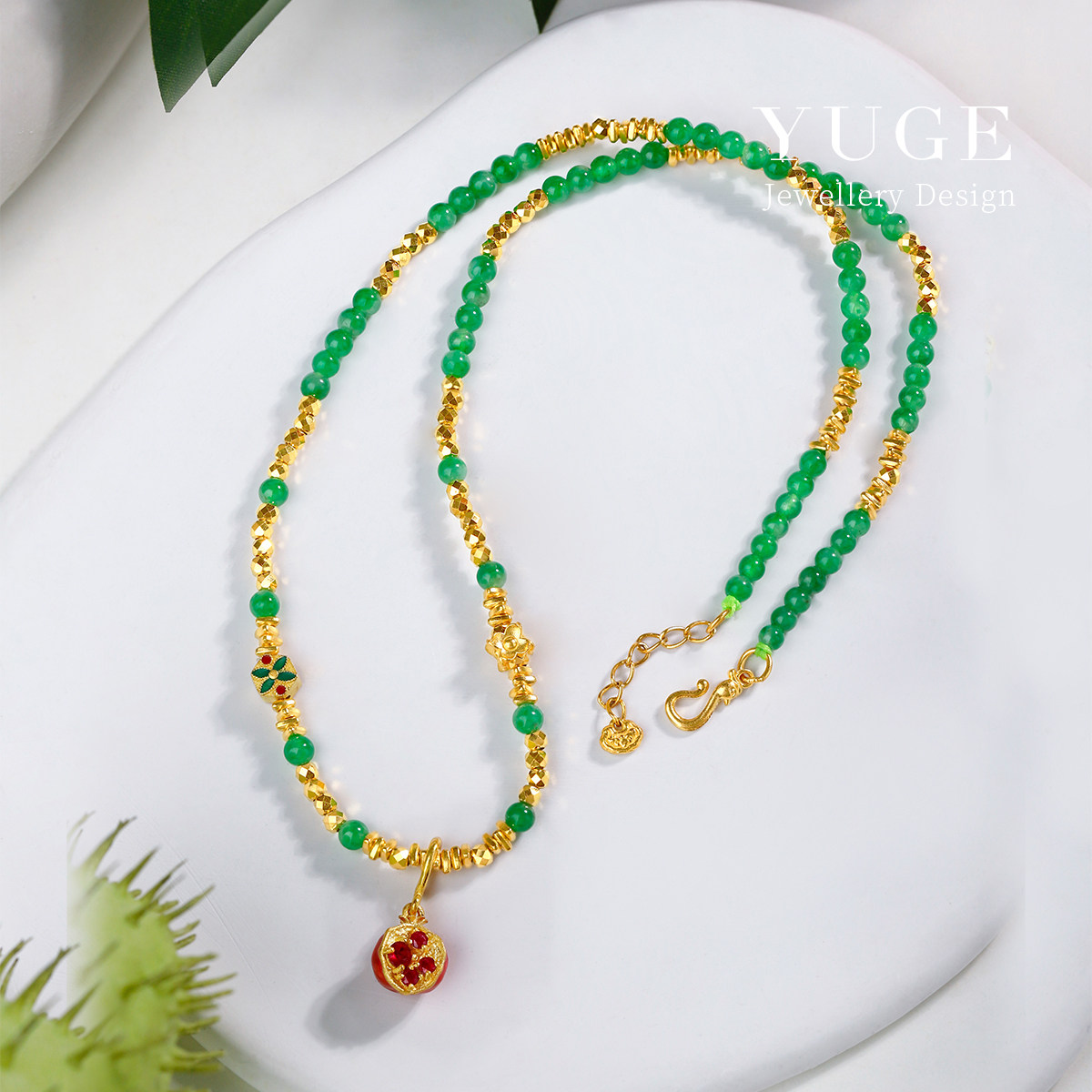 冰种阳绿翡翠baby项链 原创古法足金红宝足金石榴 吊坠 足金999