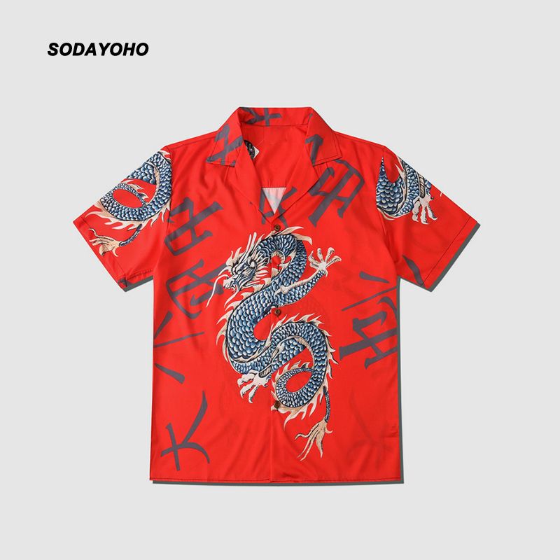 SODAYOHO复古龙图腾印花衬衫男式宽松短袖花衬衣光滑免烫小众设计