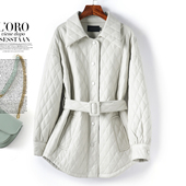 春季 加棉绵羊皮夹克新款 轻奢真皮外套 时尚 皮衣女中长翻领系带韩版