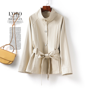 海宁皮衣女士中长款 绵羊皮外套 系带收腰立领米白色皮夹克秋冬新款