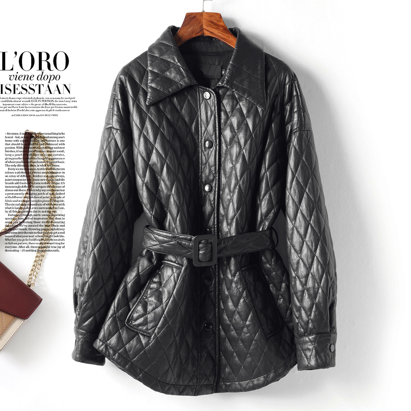 真皮衣女常规翻领系带黑色显瘦皮夹克春季新款韩版时尚绵羊皮外套