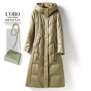 海宁真皮衣女士中长款连帽90白鸭绒加厚皮外套冬新款绵羊皮羽绒服