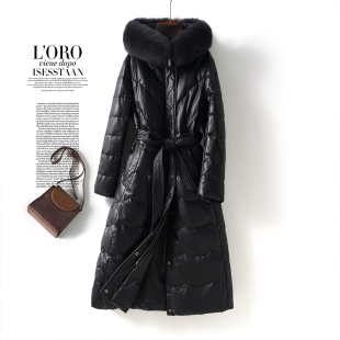 海宁皮衣女真皮外套中长黑色连帽狐狸毛领90白鸭绒冬季 绵羊皮羽绒