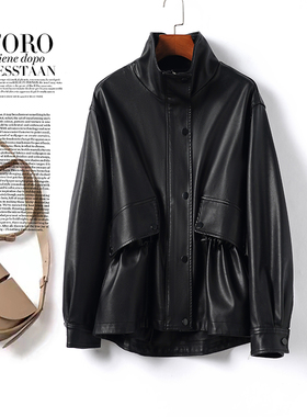 真皮皮衣女常规款立领黑色韩版宽松皮夹克海宁春秋新款绵羊皮外套