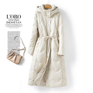 海宁真皮羽绒服女士中长款连帽收腰冬季外套90白鸭绒加厚绵羊皮衣