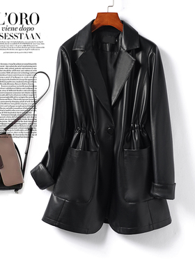 海宁真皮衣女中长款西装领黑色收腰气质皮夹克秋冬新款绵羊皮外套