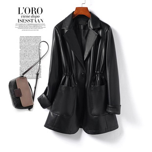 绵羊皮外套 领黑色收腰气质皮夹克春秋新款 海宁真皮衣女中长款 西装