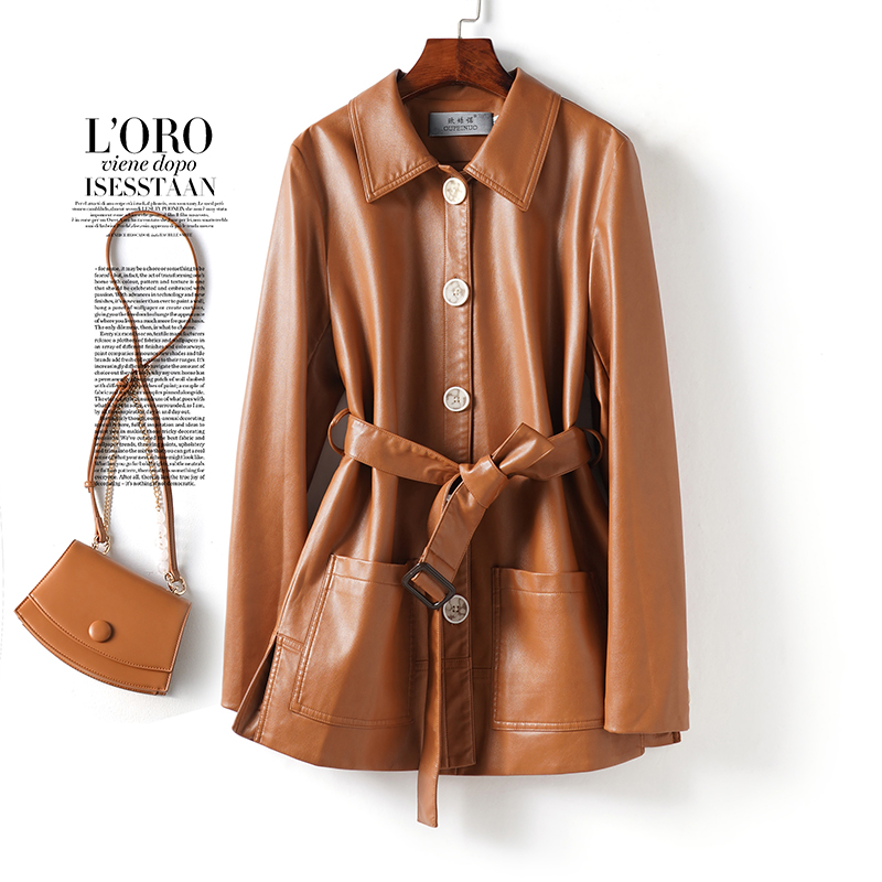 皮衣中长款翻领收腰气质海宁真皮