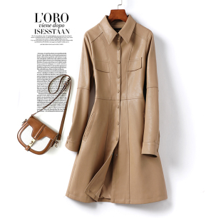 真皮皮衣 气质卡其色2026春秋新款 海宁绵羊皮外套女中长款 翻领修身