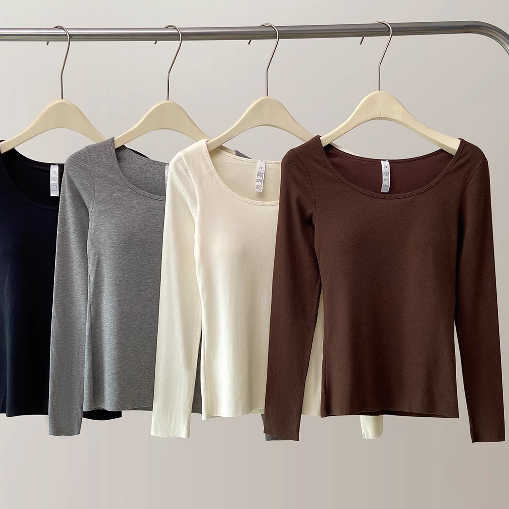 贸易出口暖绒一体杯大圆领保暖内衣长袖打底细罗纹显瘦内搭秋衣