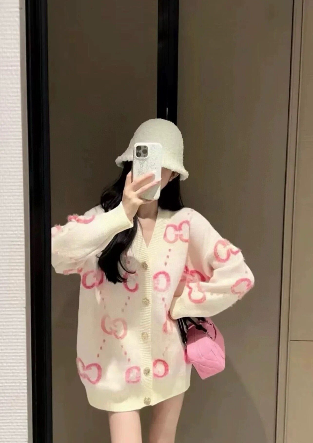 高定25早秋新款满字母logo嵌花V领单排扣长袖针织开衫外套女