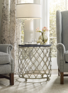 正版Hooker现货美式休闲黑石面棱形格铁艺装饰做旧鼓桌边几花台