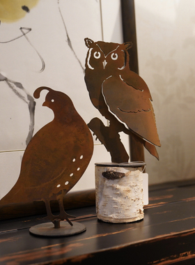 海淘纯手工美国卡梅尔小镇工艺品铁艺原乡桦木墩美式休闲对猫头鹰