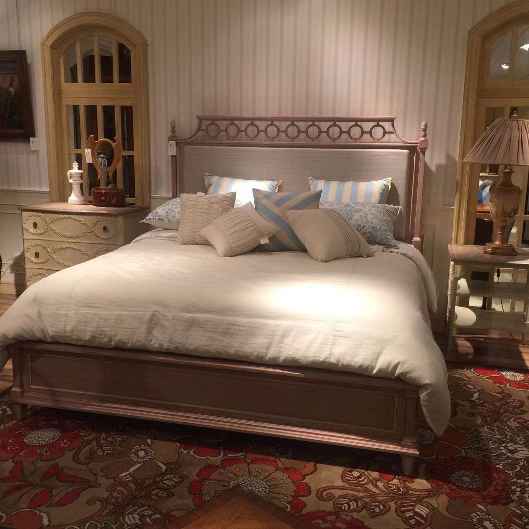 原装进口正版现货美式复古甜美橡皮粉亚麻软包雕刻超大加长布艺床