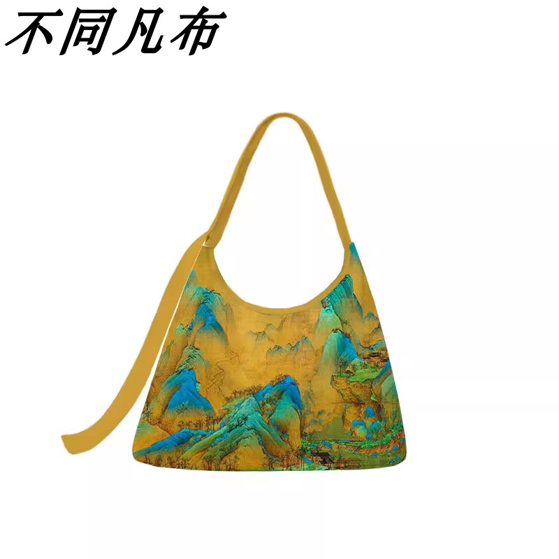 千里江山图中国风中式单肩斜挎包通勤外出大容量百搭拉链布袋定制