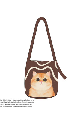 金渐层猫咪咖色秋冬单肩水桶包椭圆形底飘带斜挎包通勤女帆布包