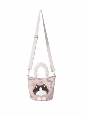 布偶猫咪新款粉色斜挎包包女文艺布袋水桶包上班通勤手提袋定制包