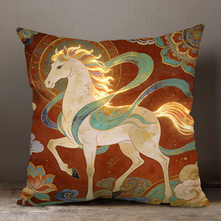 2026新款马年生肖本命年敦煌风复古抱枕靠垫靠枕枕头被子两用定制