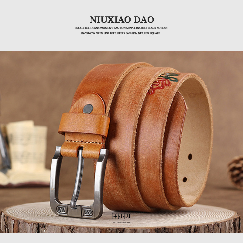 民族风磨痕做旧纯牛皮皮带男女款头层牛皮腰带压花文艺小众潮流