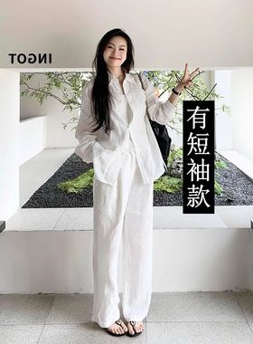 高个子棉麻女夏高端套装休闲慵懒风气质亚麻白色衬衫阔腿裤两件套