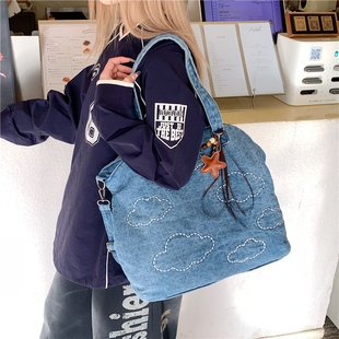 牛仔帆布包女大容量单肩包云朵刺绣手提包休闲通勤托特包 2026新款