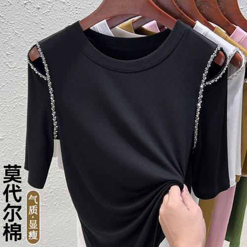 2026圆领t恤女新款七分黑色内搭打底衫显瘦中袖早秋袖上衣 女