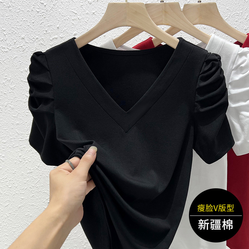 2025夏季新款气质泡泡袖五分长袖v领t恤短袖女法式鸡心领纯棉上衣