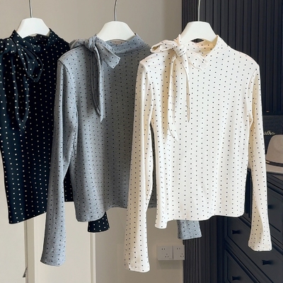 加绒加厚波点蕾丝衫女2025秋冬新款宽松显瘦百搭长袖打底衫上衣