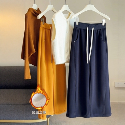 加绒加厚松紧腰抽绳弯刀裤女韩系2025冬新款休闲百搭显瘦阔腿卫裤