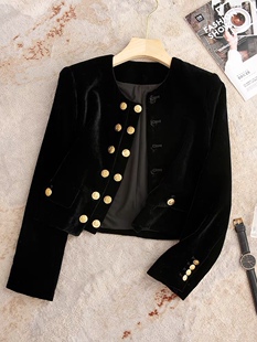 CE家新款 真丝丝绒立领金属双排扣黑色高端短外套上衣