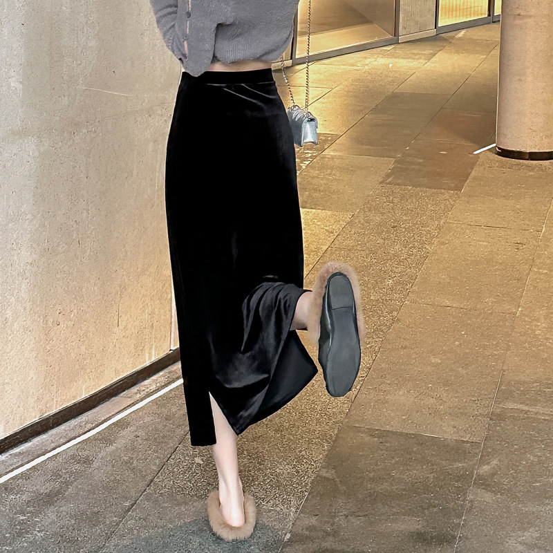 黑色丝绒一步裙女高腰开叉复古图片