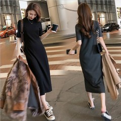 半高领针织连衣裙女长袖2025春秋新款宽松显瘦打底裙气质过膝长裙