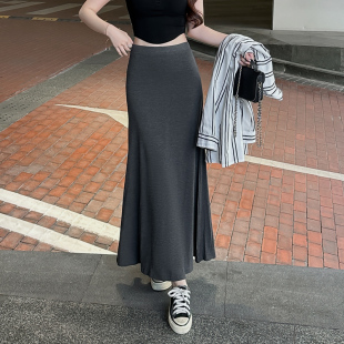 灰色莫代尔垂感半身裙长裙女夏季黑色修身鱼尾裙高腰显瘦慵懒裙子