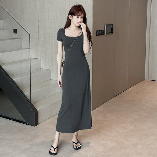 灰色莫代尔连衣裙女夏季长款裙子