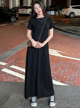 黑色长款长裙短袖连衣裙女夏季