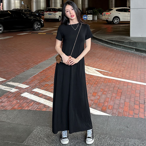 黑色长款长裙短袖连衣裙女夏季