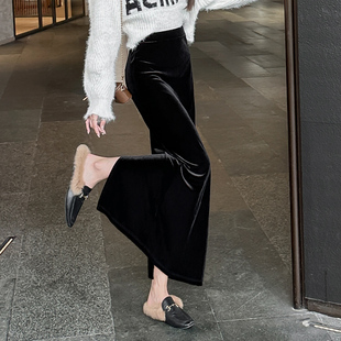 金丝绒半身裙女秋冬2025新款高腰垂感直筒裙复古显瘦丝绒开叉长裙