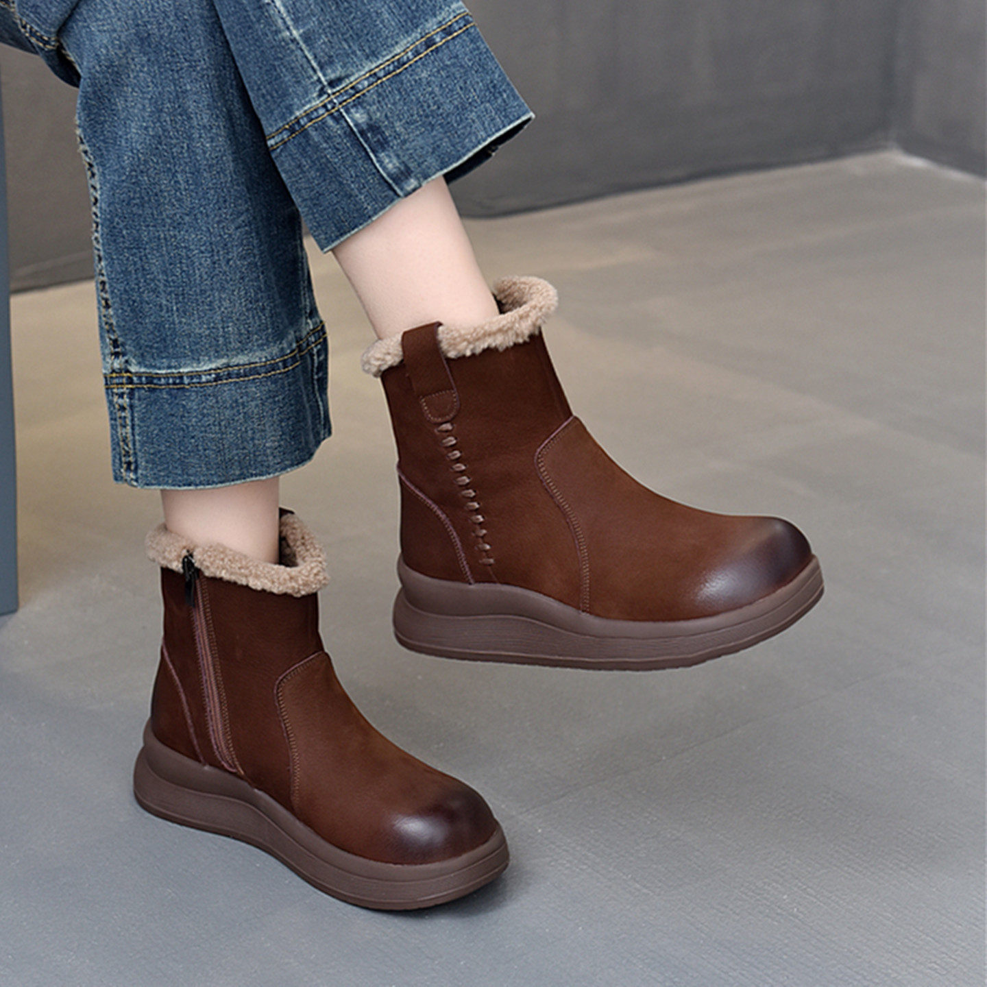 头层牛皮羊羔毛雪地靴女厚底短靴加绒加厚保暖防滑棉靴东北大棉鞋,女鞋,时尚雪地靴,淘宝优惠券,粉丝福利购,淘宝优惠卷