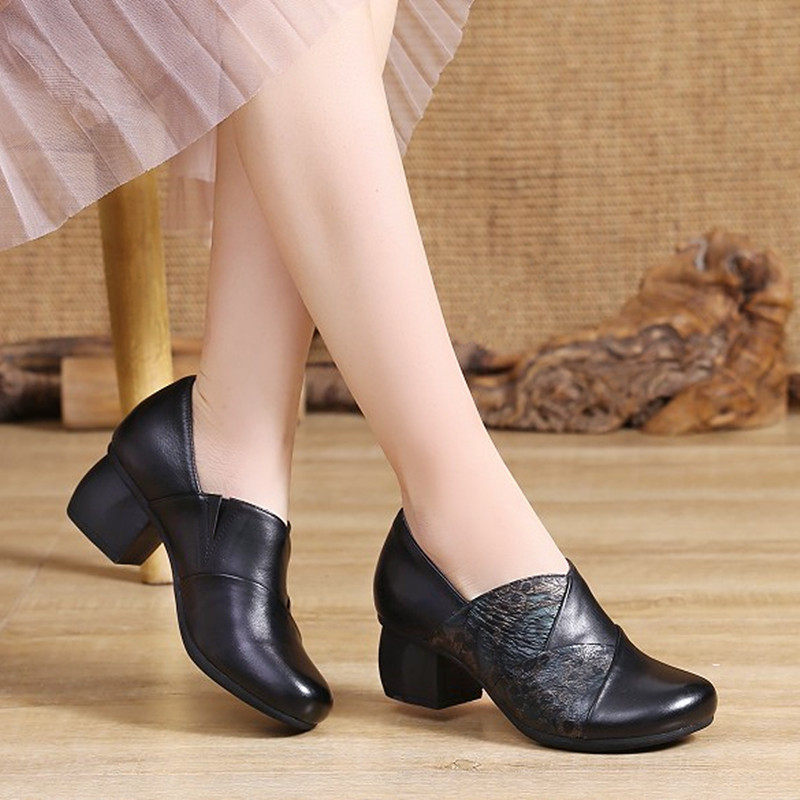 2026春秋新款真皮单鞋女民族风中跟妈妈鞋圆头舒适百搭休闲女皮鞋,女鞋,深口单鞋,淘宝优惠券,粉丝福利购,淘宝优惠卷