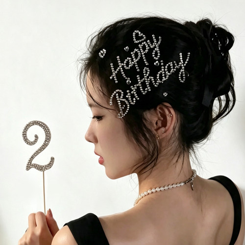 女孩过生日头饰闪钻水钻数字蜡烛插件布置装饰拍照道具氛围感发箍