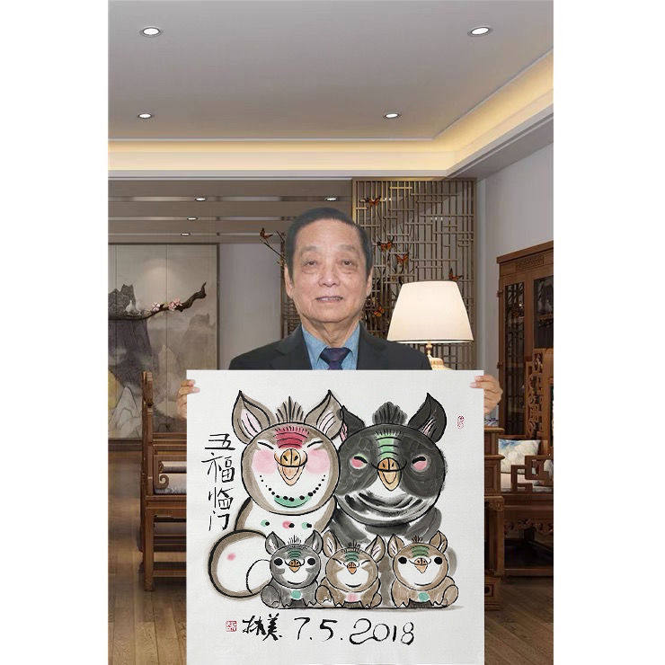 手绘临摹韩美林字画十二生肖猪五福临门手绘斗方国画装饰礼品收藏