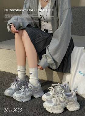 迷人角色2026春季新款厚轻底小蛮腰皮配网烫钻双带时尚老爹休闲鞋