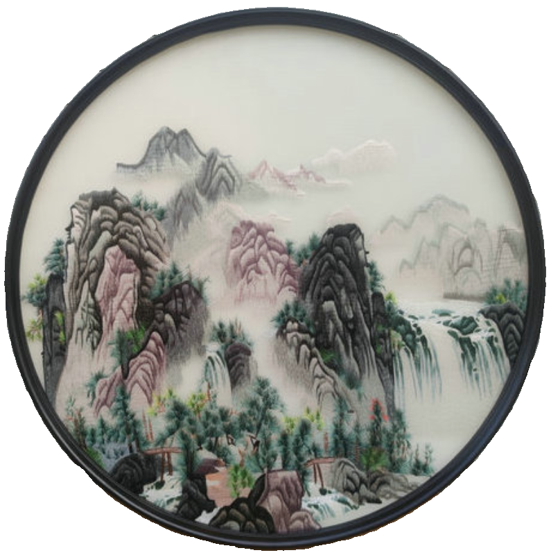 苏州刺绣装饰画挂画山水圆形走廊玄关新中式成品工艺品礼品带框图片