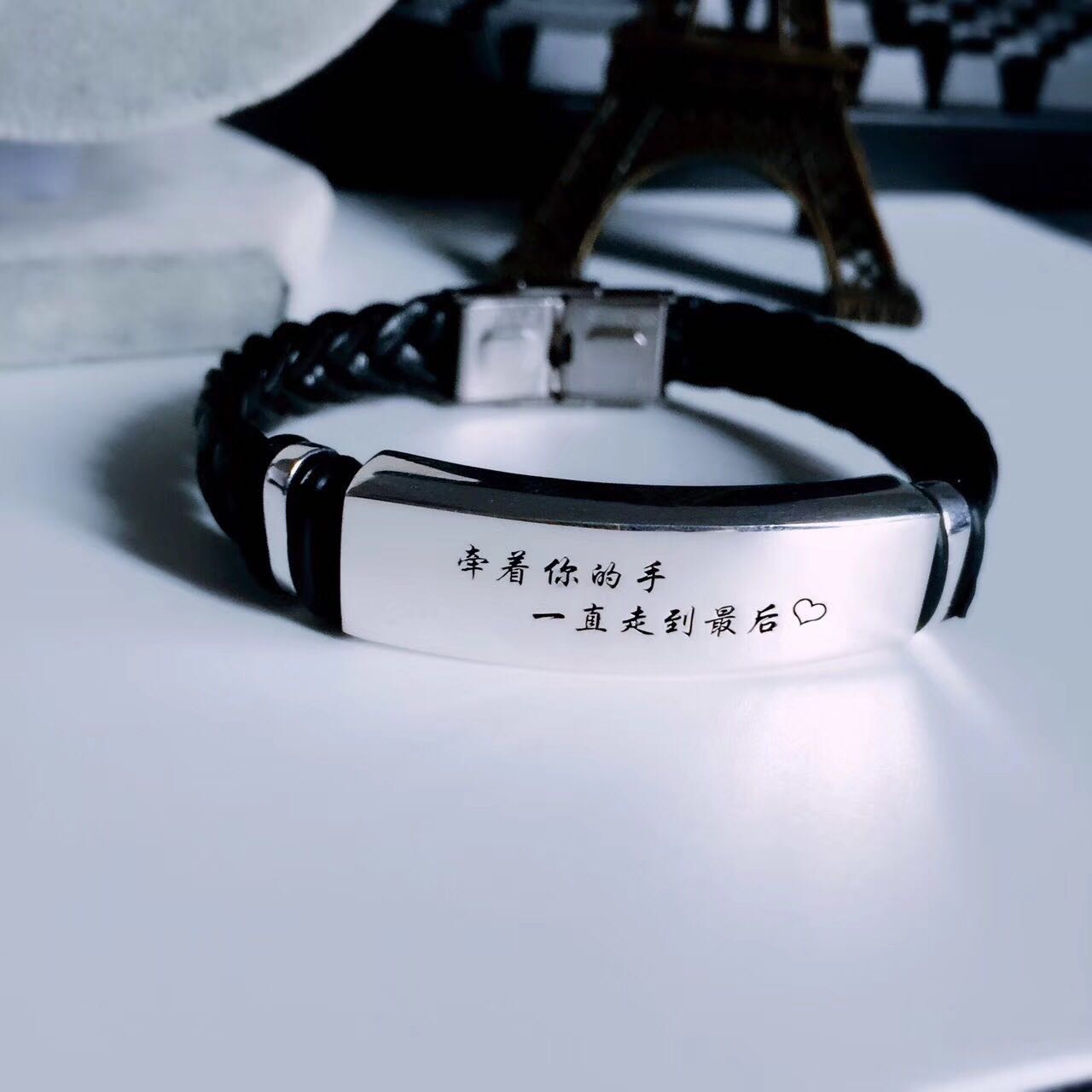 首饰原创设计订制皮绳纯银手链 新品情侣款刻字礼物 留念包邮