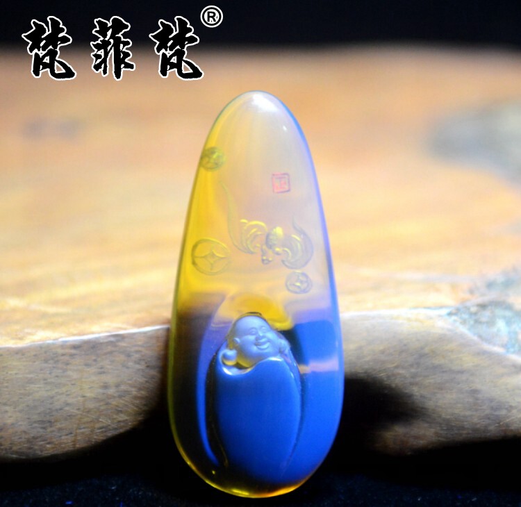 梵菲梵 墨西哥蓝珀吊坠 花雕弥勒佛 阴雕高蓝净水琥珀水滴