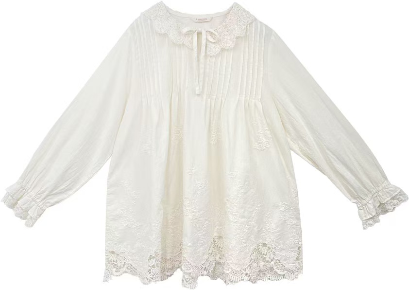 韩国进口2storyginy森系田园翻领重工蕾丝拼接衬衣