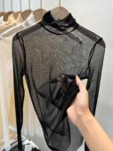 高领沙体t恤女网纱长袖 透明透视薄纱黑色波点蕾丝上衣 纱衣打底衫
