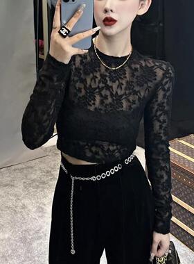 GYANTONG2025秋冬新款微透百搭高级灰气质蕾丝长袖打底衫女