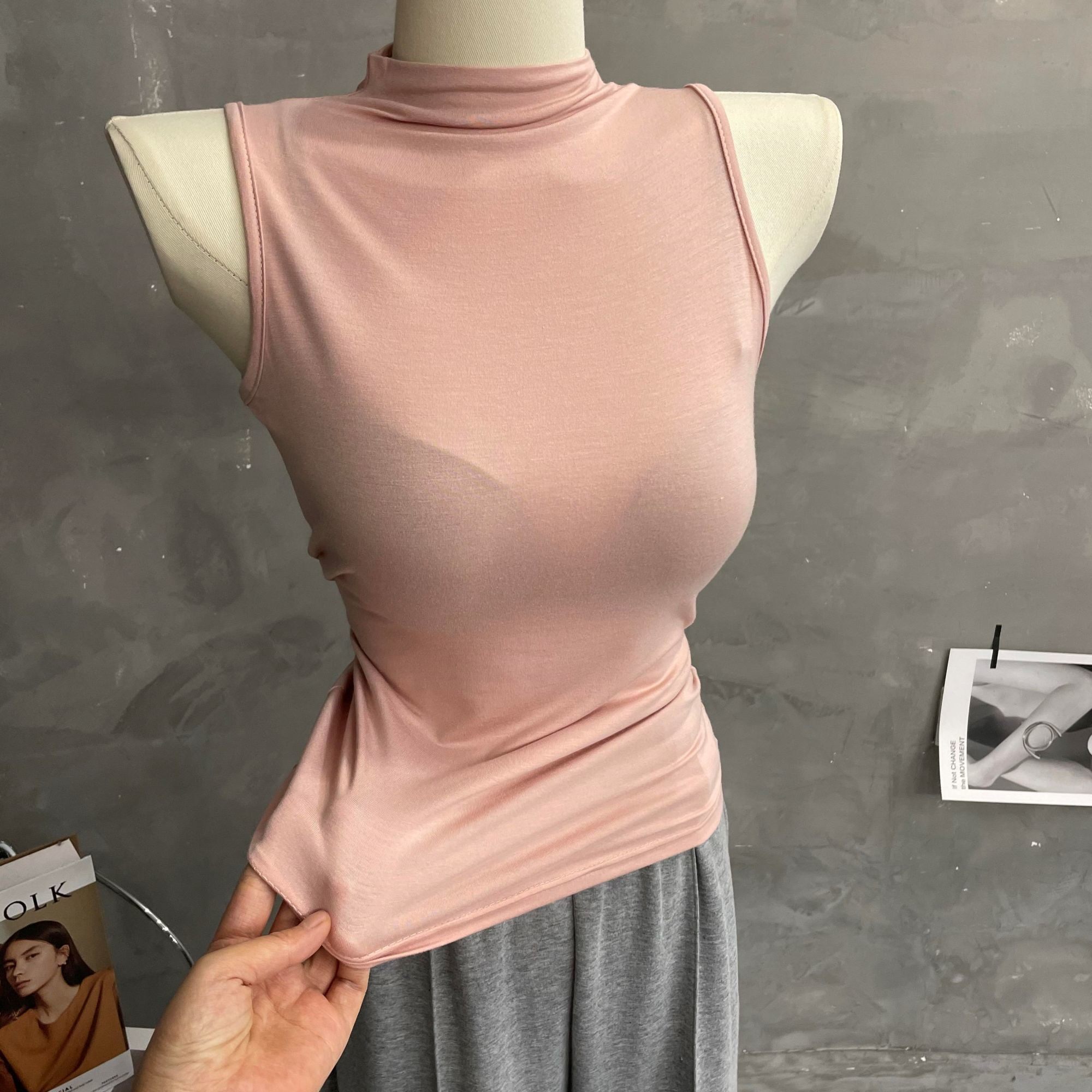 柔粉色~纯欲韩式半高领背心打底上衣女莫代尔纯色无袖T恤修身夏
